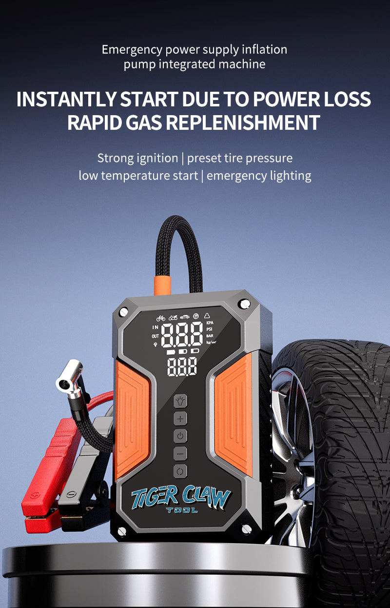⭐Tiger Claw Tool⭐ Japanese Technology 4-in-1 Multifunctional Car Emergency Starter, Tire Inflator, 3C Charging, LED Lighting, Mobile Emergency Power Supply