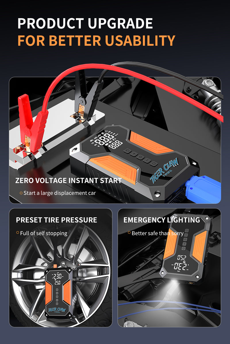 ⭐Tiger Claw Tool⭐ Japanese Technology 4-in-1 Multifunctional Car Emergency Starter, Tire Inflator, 3C Charging, LED Lighting, Mobile Emergency Power Supply