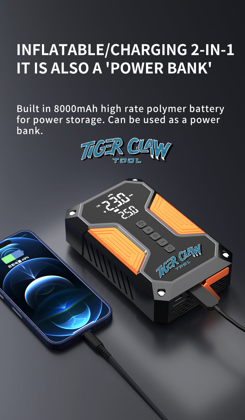 ⭐Tiger Claw Tool⭐ Japanese Technology 4-in-1 Multifunctional Car Emergency Starter, Tire Inflator, 3C Charging, LED Lighting, Mobile Emergency Power Supply