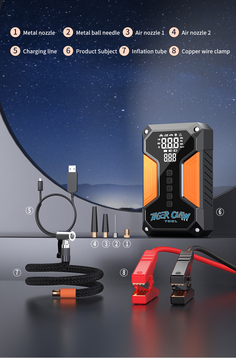 ⭐Tiger Claw Tool⭐ Japanese Technology 4-in-1 Multifunctional Car Emergency Starter, Tire Inflator, 3C Charging, LED Lighting, Mobile Emergency Power Supply
