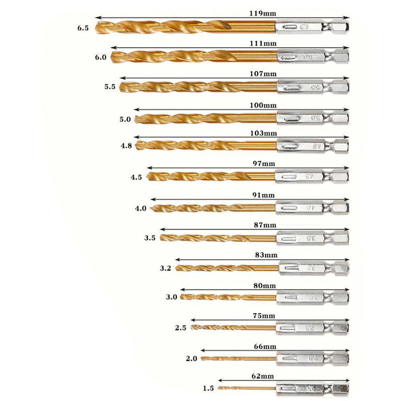 ⭐Tiger Claw Tool⭐13pcs HSS Hexagon Shank Drill Bits Set (1.5mm - 6.5mm) For Cordless Drill Screwdriver Hex Style (13Pcs)